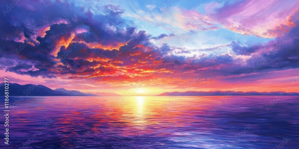 Naklejka premium Stunning twilight sky and mesmerizing reflections on the sea create a beautiful scene that captures the essence of nature s beauty during twilight times at the water s edge.