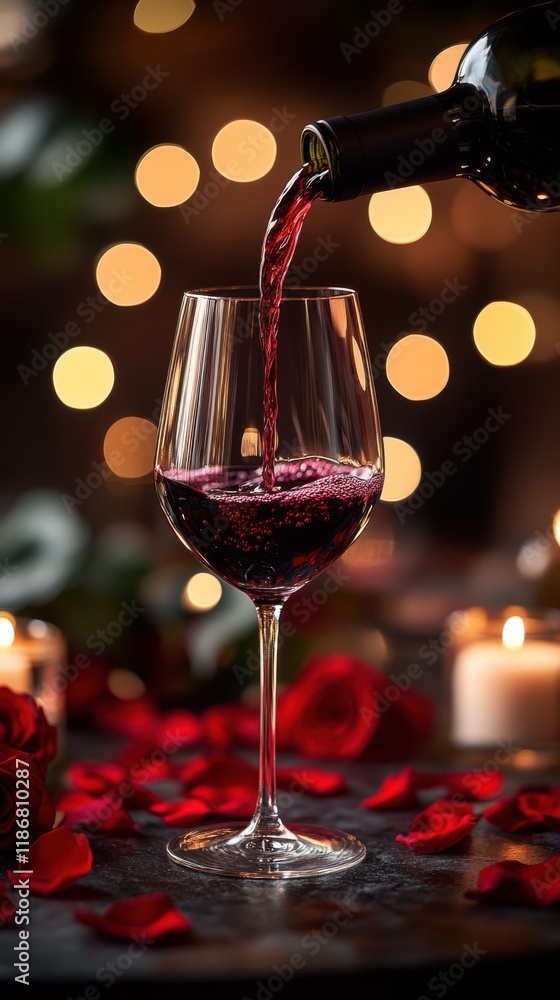 A glass of red wine slowly being poured into a crystal goblet, with an intimate dinner setting of dim lighting, rose petals, and soft velvet textures in the background, valentine themed background A glass of red wine slowly being poured into a crystal goblet, with an intimate dinner setting of dim lighting, rose petals, and soft velvet textures in the background, valentine themed background