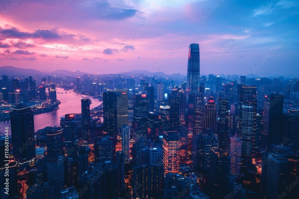 Fototapeta premium Cityscape of a modern skyline during sunset with vibrant colors