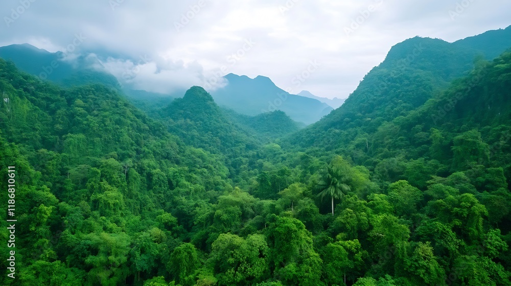 Fototapeta premium Panoramic View of Lush Green Mountains and Clouds in Tropical Rainforest Landscape : Generative AI