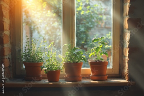 Cozy room with houseplants bathed in warm sunlight photo