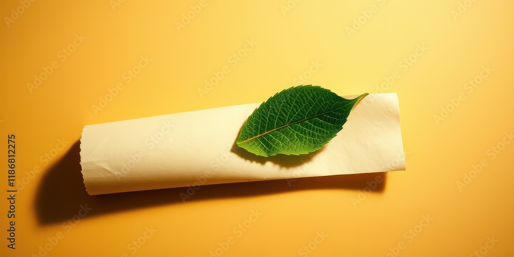 Fototapeta premium A single green leaf rests atop a rolled-up sheet of parchment paper against a backdrop of warm yellow hues.