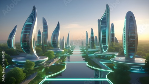 An artistic rendering of a futuristic city powered by renewable energy photo