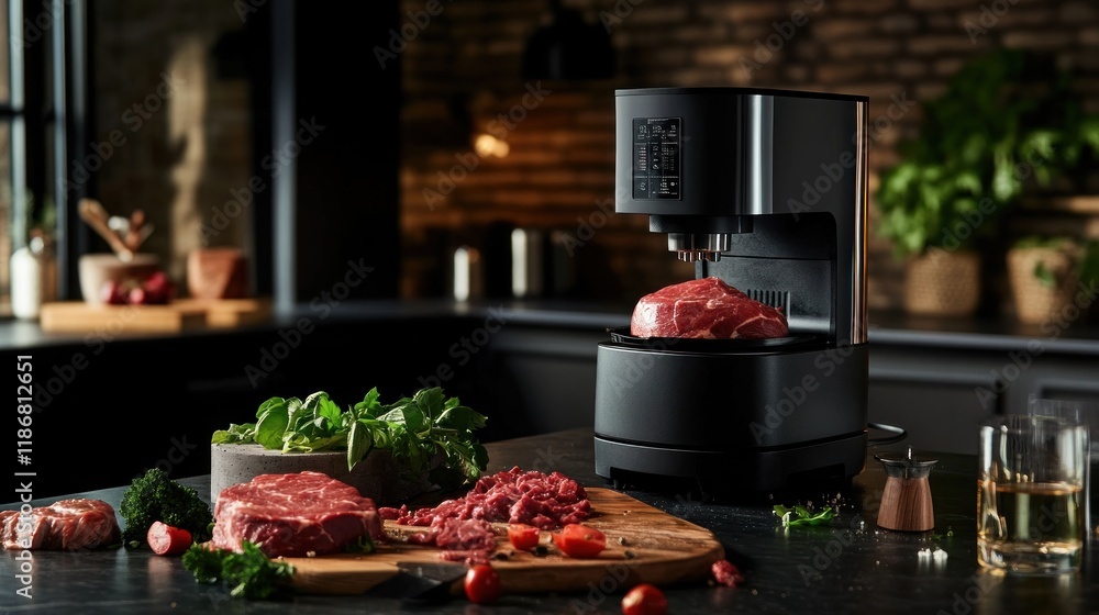 Modern Meat Preparation: A Smart Device Prepares a Steak in a Kitchen Setting Modern Meat Preparation: A Smart Device Prepares a Steak in a Kitchen Setting