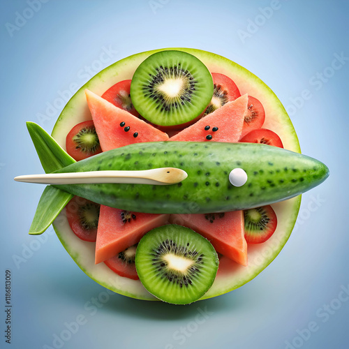 a-watermelon-shaped-airplane--with-kiwi-slices-as-