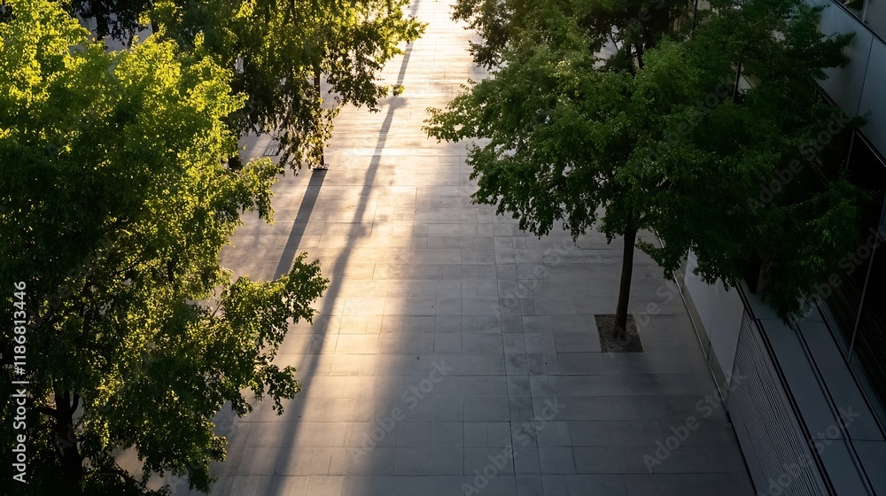 Obraz premium City Park Boulevard with Trees and Golden Sunlight Creating Soothing Shadows : Generative AI
