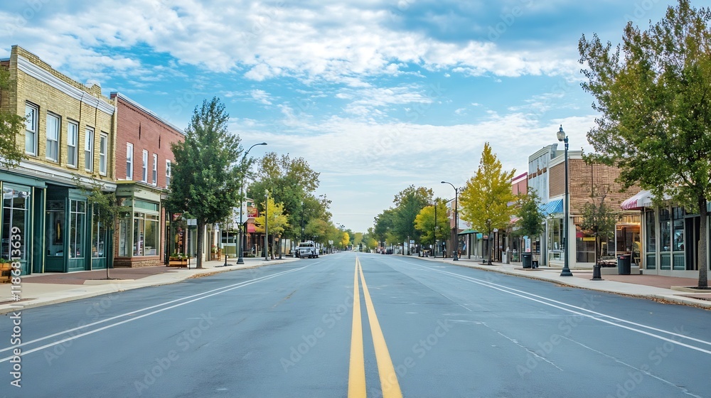 Peaceful Small Town Main Street with Clear Blue Sky and Empty Road : Generative AI Peaceful Small Town Main Street with Clear Blue Sky and Empty Road : Generative AI