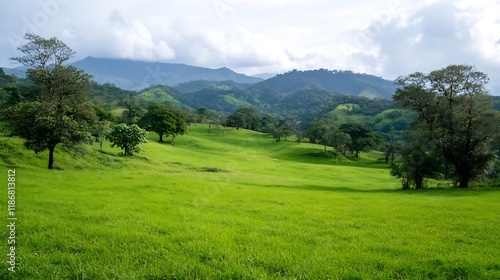 Serene Landscape with Rolling Green Hills and Cloudy Mountains in Background : Generative AI photo