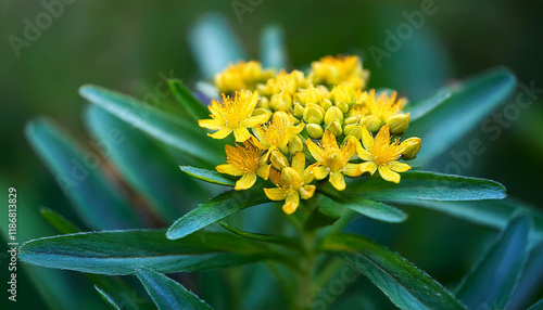 rhodiola rosea blooming yellow flower and green stems close up flower sprouts in spring golden root rose root or roseroot plant medicinal plant rhodiola rosea green background