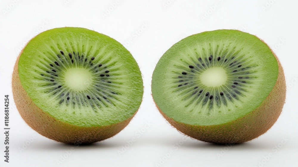 Two Halved Kiwis Ready to Eat, Close Up Studio Shot of Fresh Kiwi Fruit Slices, Vibrant Green Flesh and Tiny Black Seeds Two Halved Kiwis Ready to Eat, Close Up Studio Shot of Fresh Kiwi Fruit Slices, Vibrant Green Flesh and Tiny Black Seeds