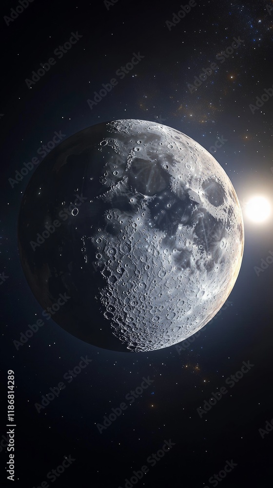 Fototapeta premium Half moon displaying intricate craters, beautifully illuminated by the Sun, drifting through the dark expanse of space filled with stars
