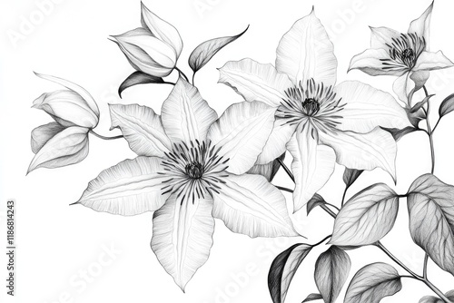 Wallpaper Mural Drawing of a flower with a white background. The flower is in the center of the image and is surrounded by leaves. The drawing is in black and white and has a very simple and elegant style Torontodigital.ca