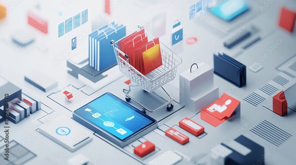 3D Rendering of Online Shopping and Data Analysis Elements 3D Rendering of Online Shopping and Data Analysis Elements