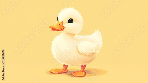 Fluffy white baby duckling with bright orange beak and webbed feet, perching against soft yellow backdrop