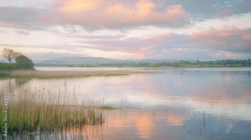 Obraz premium Serene lake sunset landscape with reeds reflecting pastel sky.