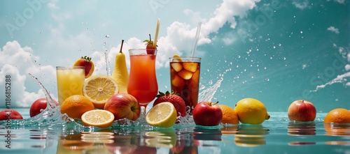 Realistic waterwave splash featuring colorful beverages iced tea fruity cocktails and citrusy drinks with fruit bits photo