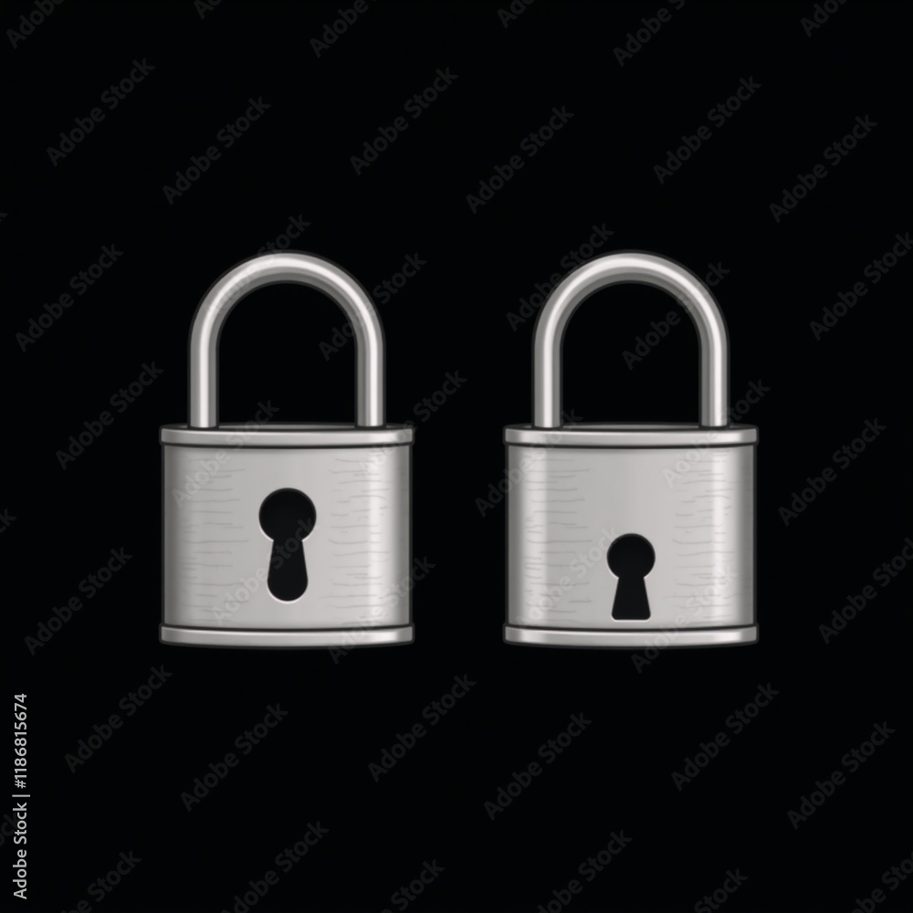 Fototapeta premium Minimal cartoon silhouette of silver-toned lockedunlocked padlocks on a black background symbolizes confidentiality privacy security concepts