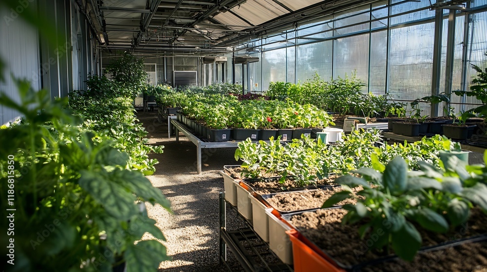 Lush Greenery in Modern Greenhouse with Abundant Sunlight : Generative AI Lush Greenery in Modern Greenhouse with Abundant Sunlight : Generative AI