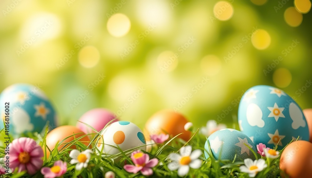 Festive background for Easter holiday. A rabbit and a hare are surrounded by decorated colored eggs on a green sunny lawn with a space for text. The concept is holiday, religion, animals, celebration. Festive background for Easter holiday. A rabbit and a hare are surrounded by decorated colored eggs on a green sunny lawn with a space for text. The concept is holiday, religion, animals, celebration.