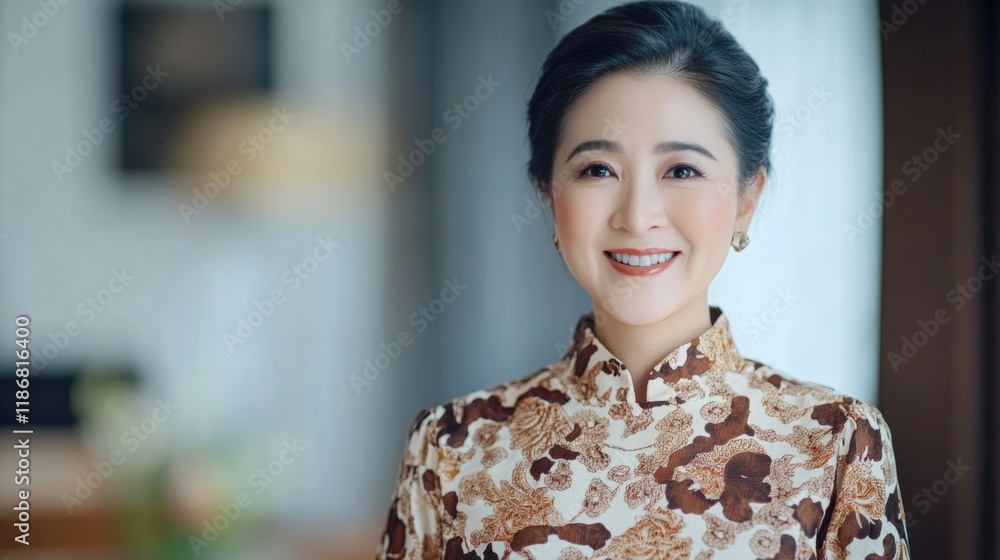 Woman wearing a floral print dress is smiling for the camera. Concept of warmth and happiness, as the woman's smile and the floral pattern on her dress create a pleasant and inviting atmosphere Woman wearing a floral print dress is smiling for the camera. Concept of warmth and happiness, as the woman's smile and the floral pattern on her dress create a pleasant and inviting atmosphere
