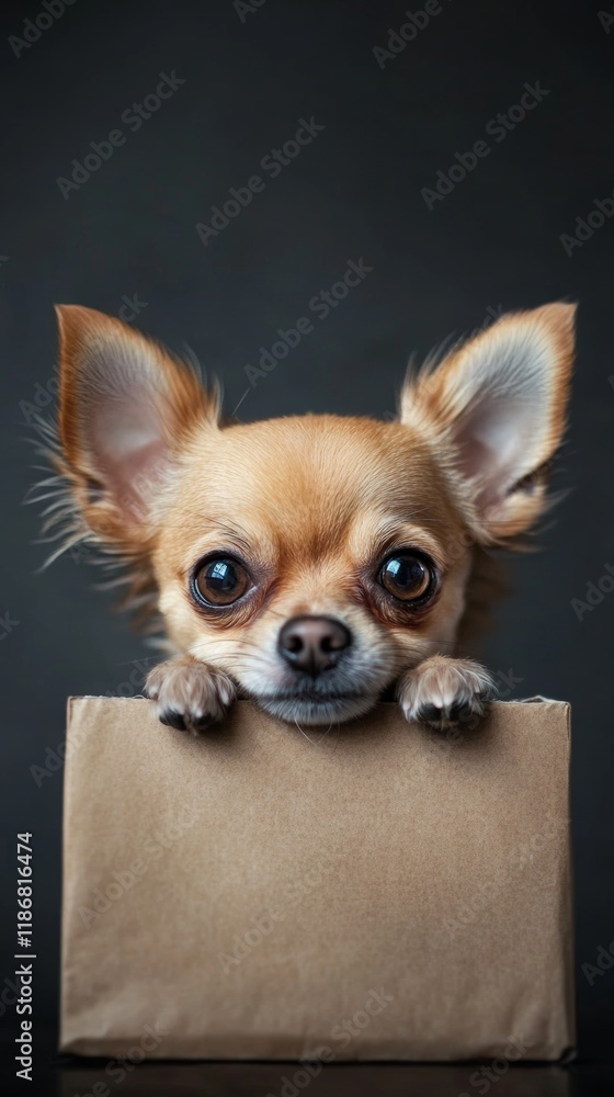 Tiny chihuahua puppy peering out of cardboard box, oversized ears framing wide-eyed puppy face against dark, shadowy background Tiny chihuahua puppy peering out of cardboard box, oversized ears framing wide-eyed puppy face against dark, shadowy background