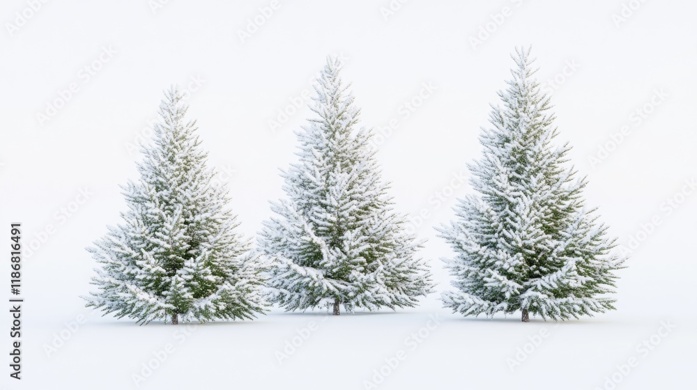 Obraz premium Three snow covered pine trees stand in a field. The trees are bare and covered in snow, giving the image a serene and peaceful mood