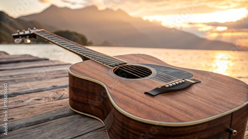 Sunset Acoustic Guitar on Wooden Dock, Close-up Composition, Warm Tones, Peaceful Concept, Guitar Photography, Landscape Photography Acoustic Guitar, Sunset Photography
