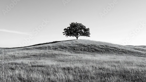 Wallpaper Mural Solitary Tree on Rolling Hill in Tranquil Black and White Landscape Scene : Generative AI Torontodigital.ca