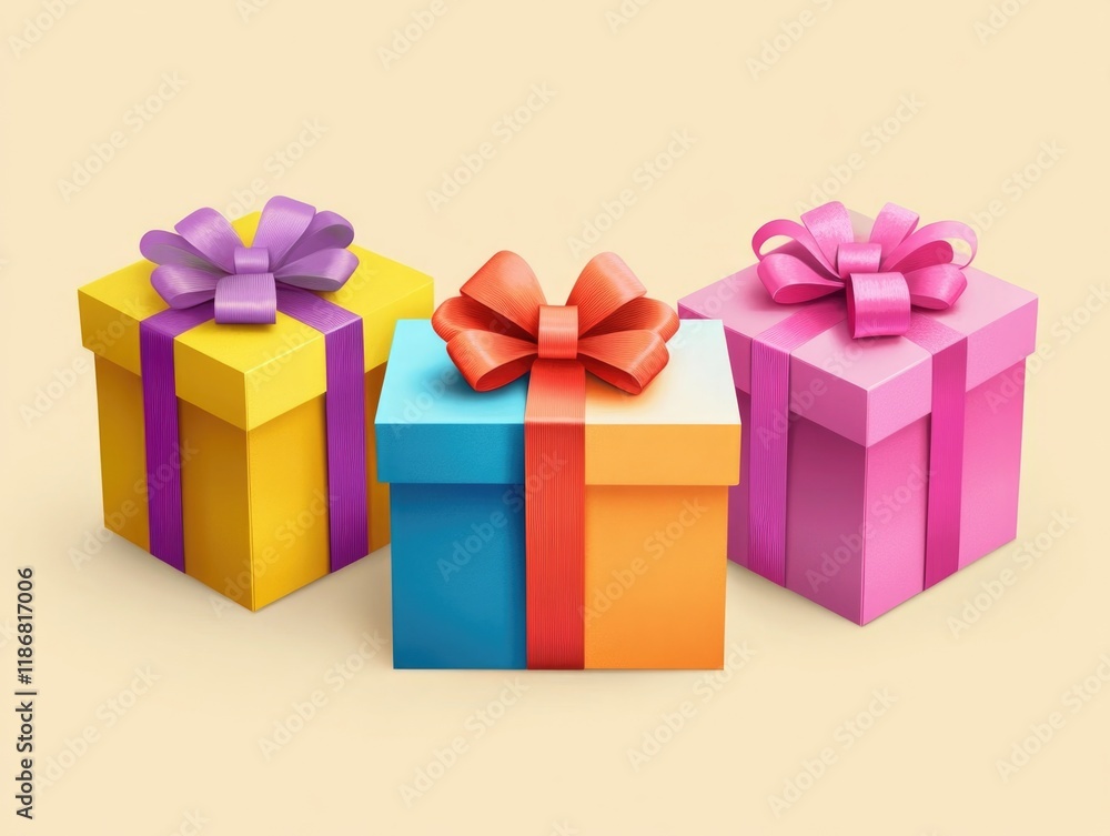Obraz premium Three boxes with colorful bows on them, one is yellow, one is blue, and one is pink. They are arranged in a row, with the yellow box on the left, the blue box in the middle
