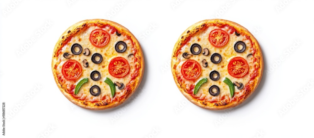 Ultra-Realistic High-Resolution Photo of Two Pizzas with Tomato, Green Pepper, and Black Olives on White Background Ultra-Realistic High-Resolution Photo of Two Pizzas with Tomato, Green Pepper, and Black Olives on White Background