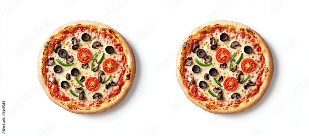 Ultra-Realistic High-Resolution Photo of Two Pizzas with Tomato, Green Pepper, and Black Olives on White Background Ultra-Realistic High-Resolution Photo of Two Pizzas with Tomato, Green Pepper, and Black Olives on White Background