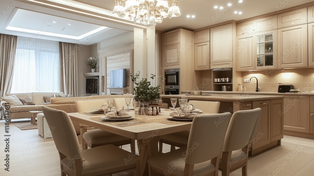 Fototapeta premium Bright Modern Kitchen with Natural Ash Facades and Light Ash Wood Tabletop, Featuring Harmonious Flooring and Furniture