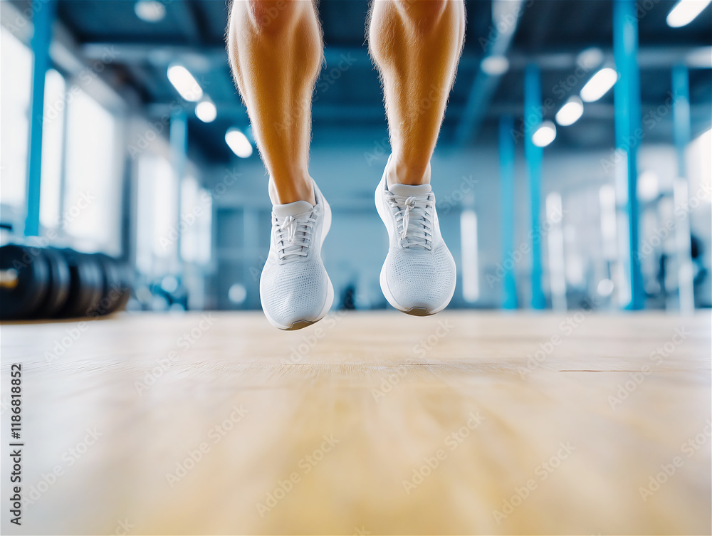 Naklejka premium Close-up of two athletic legs wearing running shoes in a gym environment, focusing on health, strength, and dynamic motion during a workout.