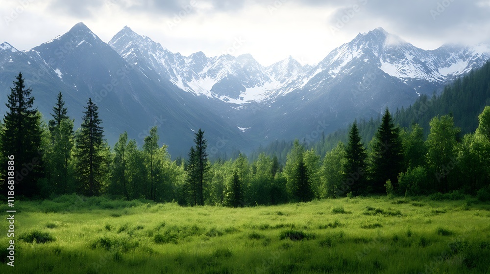 Obraz premium Breathtaking Alpine Mountain Landscape with Lush Green Valley and Pine Forests : Generative AI