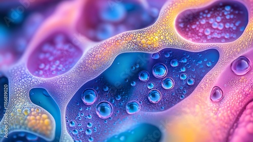 Macro shot of biological cells in vibrant blue and pink colors. photo