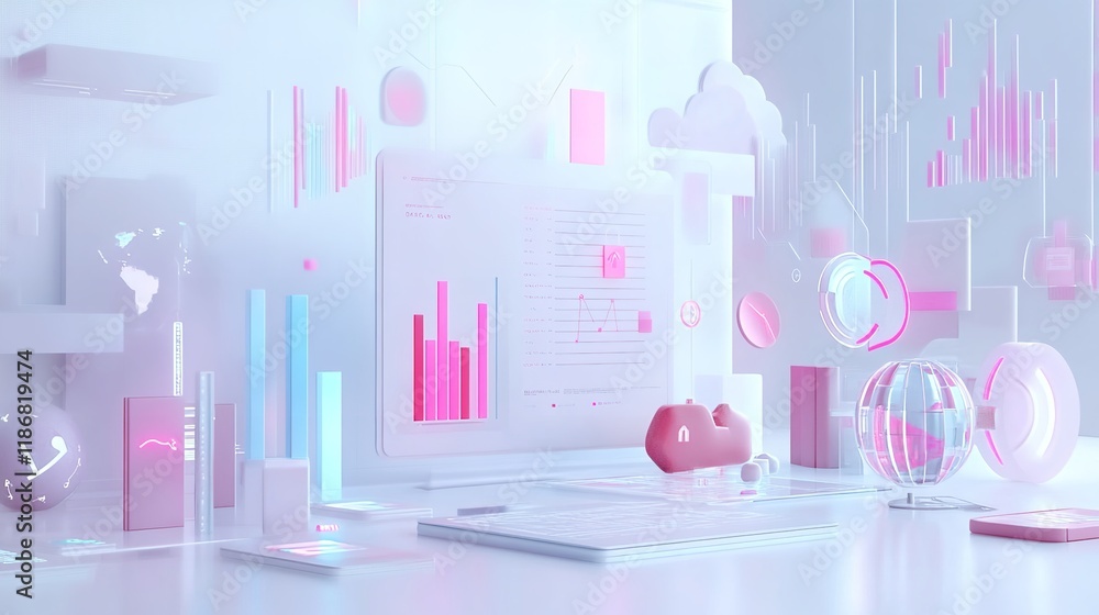 3D Rendering of Online Shopping and Data Analysis Elements 3D Rendering of Online Shopping and Data Analysis Elements