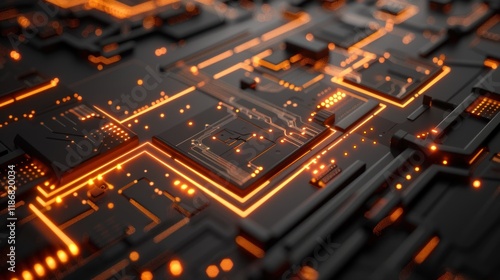 Abstract close-up of a futuristic circuit board with glowing orange lines.