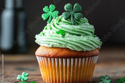 Wallpaper Mural Green cupcake with shamrock decorations on top. The cupcake is sitting on a wooden table Torontodigital.ca