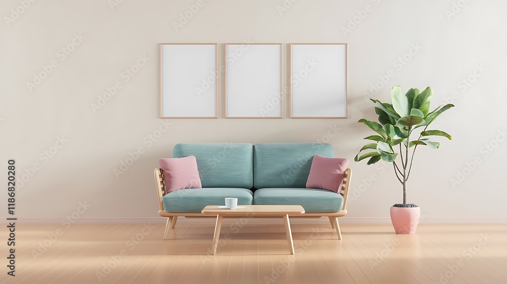 Modern living room interior design, light walls, sofa, and plant