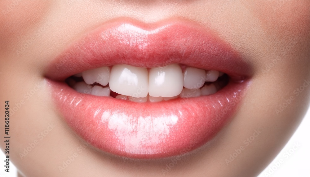 Fototapeta premium close up of woman's pink lips and teeth.