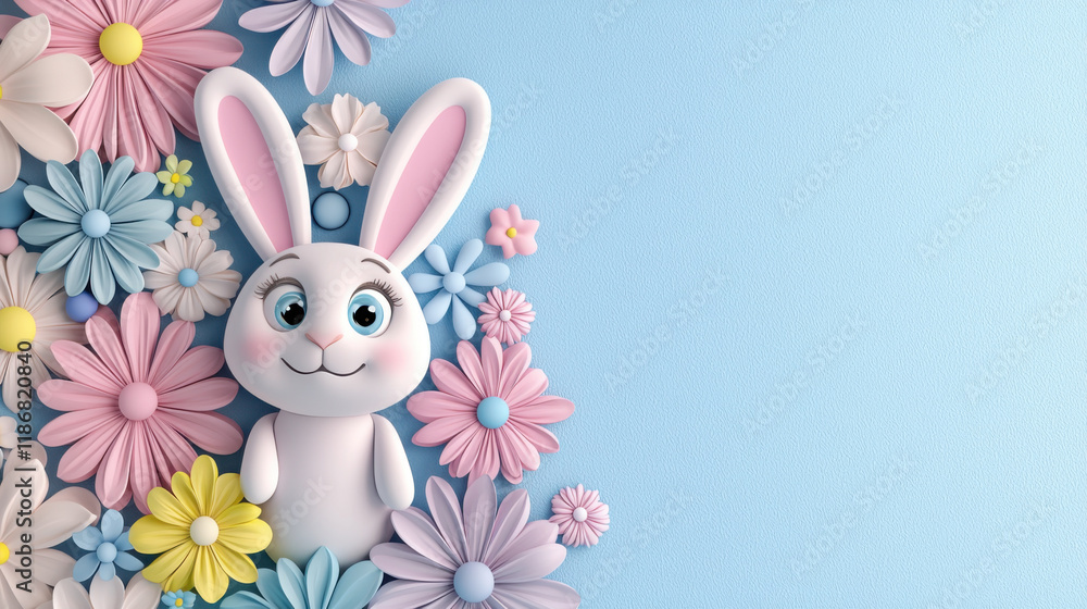 Obraz premium 3D bunny surrounded by pastel flowers in whimsical design
