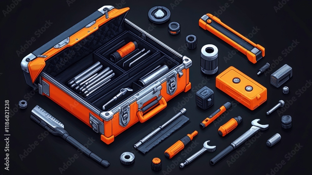 Orange and Black Tool Box with Various Tools and Accessories in a Creative Layout, Ideal for DIY Projects and Maintenance Tasks