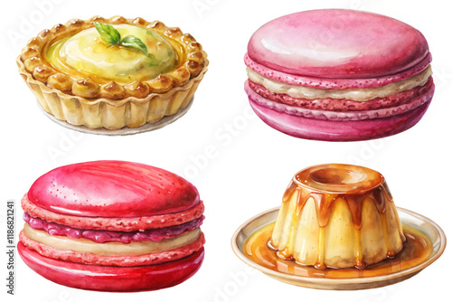 Colorful desserts, watercolor illustration, macarons and tart, sweet treats, gourmet pastries, artistic food design.