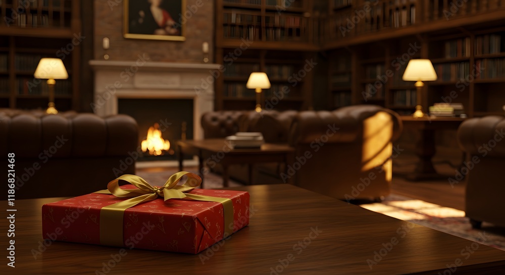 Library setting featuring wrapped gift book on polished wooden desk under warm light ambiance for promoting literacy event and inspiring charitable reading habits in an educational environment Library setting featuring wrapped gift book on polished wooden desk under warm light ambiance for promoting literacy event and inspiring charitable reading habits in an educational environment