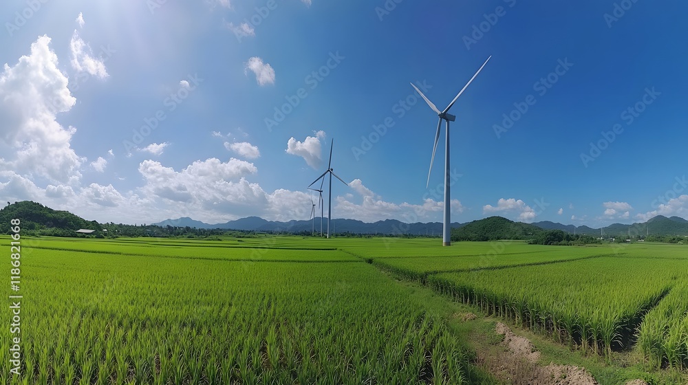 Wind Turbines Generating Clean Energy Over Lush Green Rice Paddy Fields Wind Turbines Generating Clean Energy Over Lush Green Rice Paddy Fields