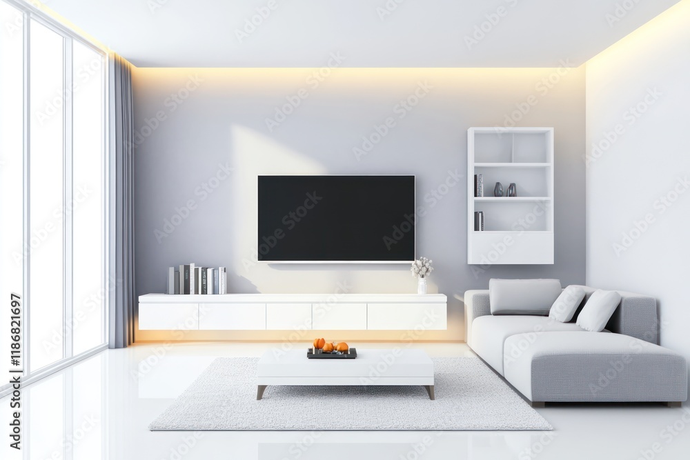 Fototapeta premium Minimalist Scandinavian Living Room with Grey Sofa and White Cabinet