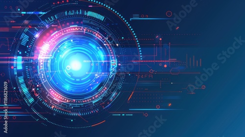 Futuristic technology background with glowing circular interface and digital elements.