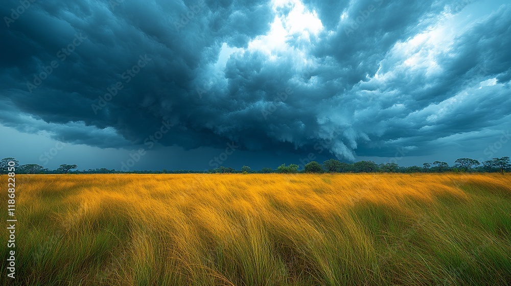 Dramatic Storm Clouds Over Golden Grassland Field Dramatic Storm Clouds Over Golden Grassland Field
