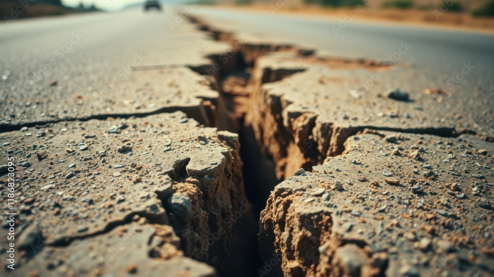 A close-up view of a deep crack in the asphalt, revealing the underlying layers of gravel and dirt, hinting at the fragility of man-made structures A close-up view of a deep crack in the asphalt, revealing the underlying layers of gravel and dirt, hinting at the fragility of man-made structures