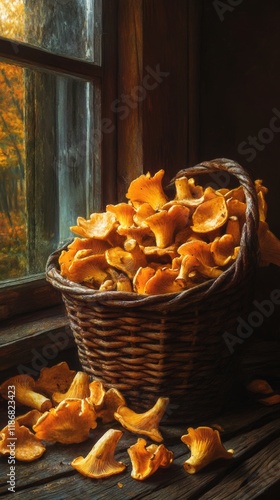 Golden chanterelles tumbling from woven basket near weathered window, soft sunlight highlighting woodland harvest photo